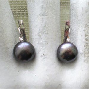 Russian Russia 14K 585 White Gold 10.5MM Black Peacock Pearl Pierced Earrings